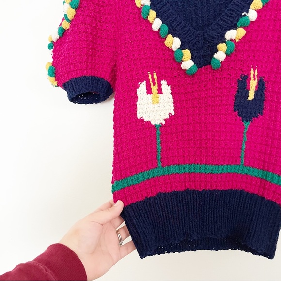 Vintage Puff Sleeve Pom Pom Bauble Knit Sweater Tulip Floral Pattern Size Small - Picture 4 of 8